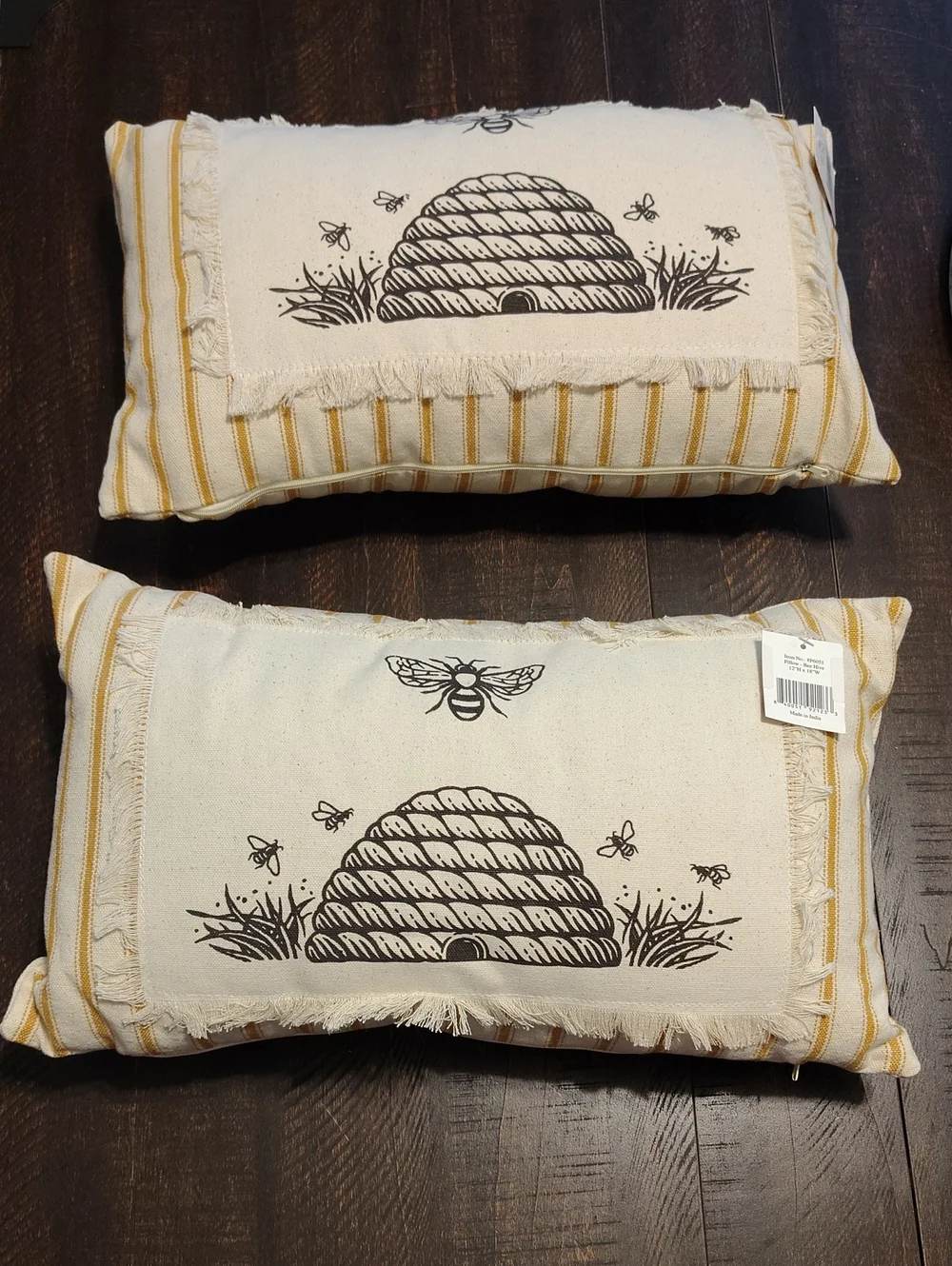 Audrey's Beehive Decorative Throw Pillows- Cream And Mustard Striped- Set Of 2